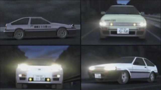 Initial D Extra Stage 2 screenshot of Takumi's Corolla Levin AE86, Itsuki's Corolla Levin AE85, Iketani's Silvia S13 and Kenji's 180SX RPS13